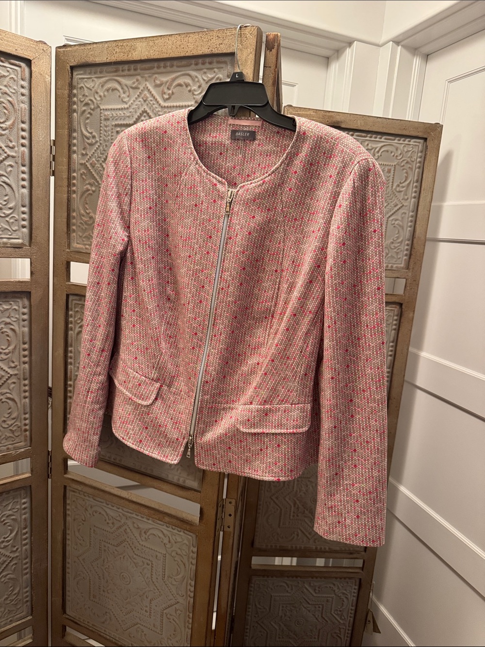 Basler Pink Tweed Zip-Front Blazer Jacket